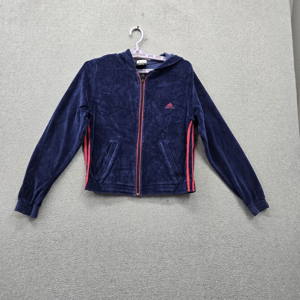 Adidas Women Hoodie M Blue Velour Cropped Y2K Stripes Logo Embroidered Full Zip